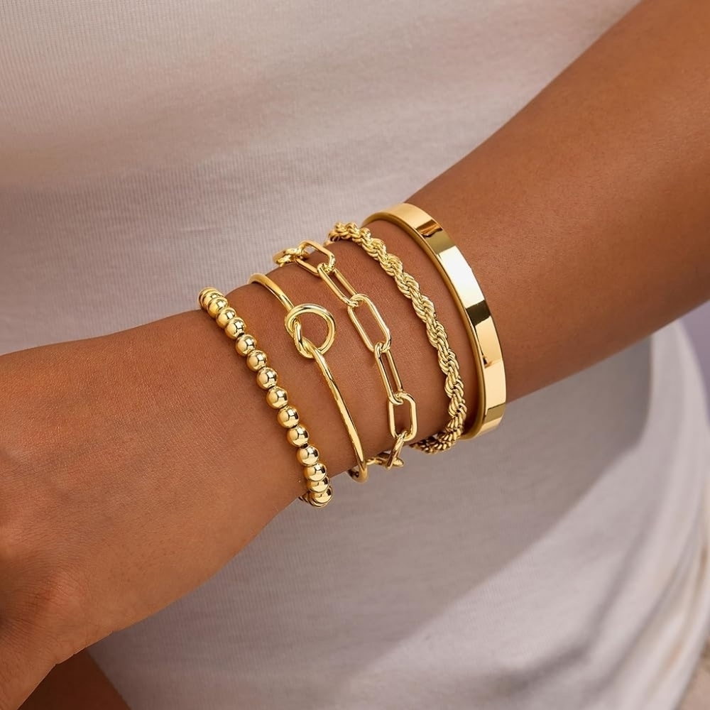 Stackable 14K Gold Plated Bracelet Set Non Tarnish - Picture 3 of 5